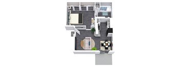 an overhead view of a floor plan with a bedroom and a living room
