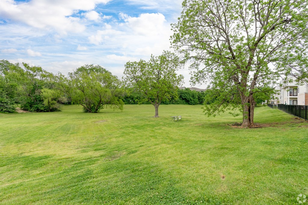 a grassy field with trees and a building in the background