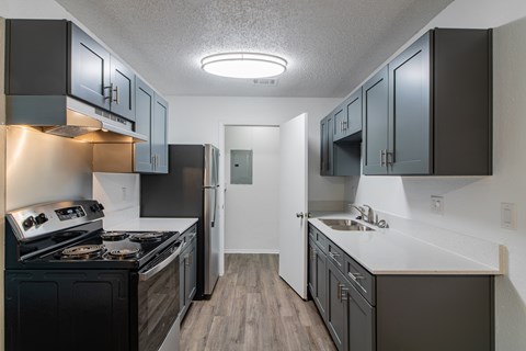 A kitchen with black cabinets and stainless steel appliances.