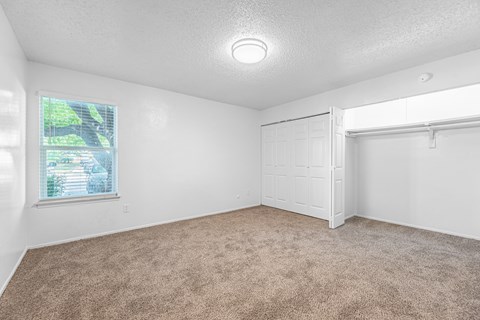 A room with a carpeted floor and a window showing a view of trees and a house.