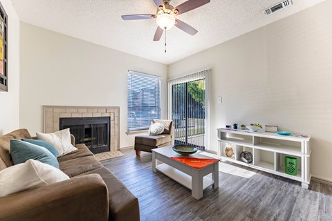 a living room with a couch and a coffee table
