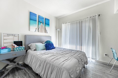 a bedroom with a bed and a desk