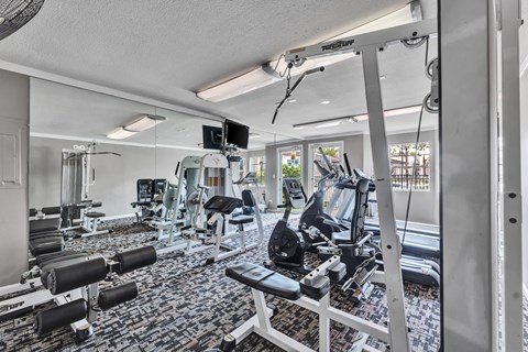 the gym is equipped with a variety of weights and cardio machines at Arrowood Apartments, Houston, TX 77072