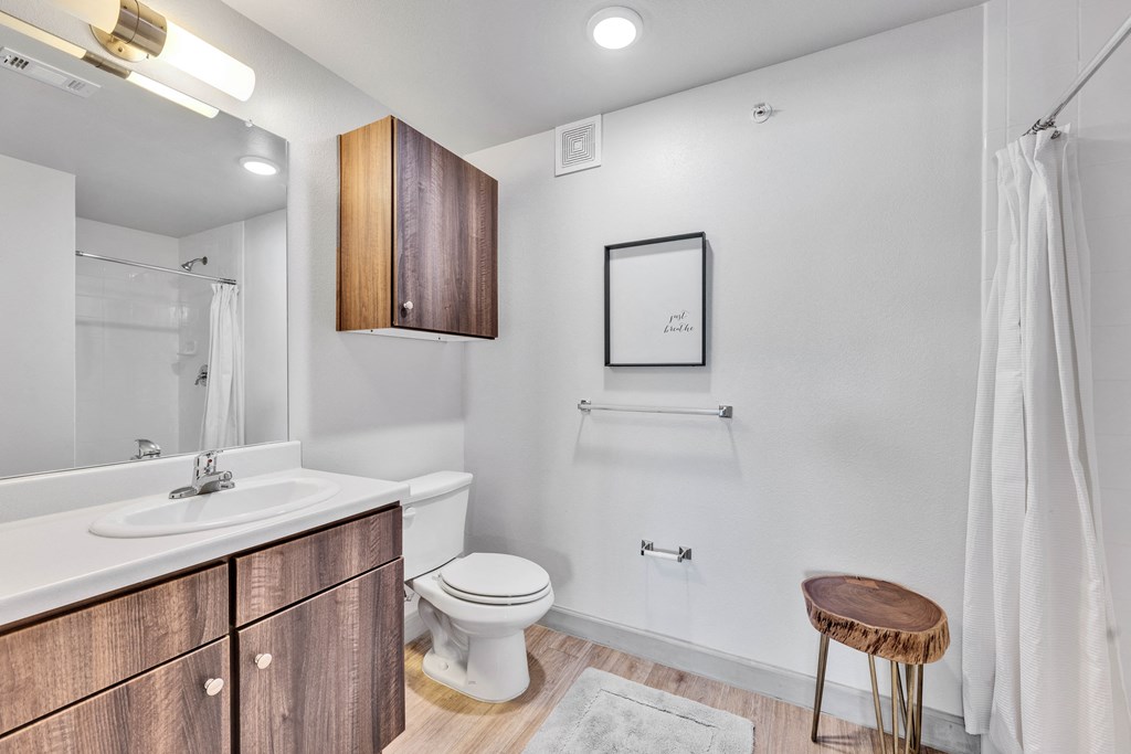 a bathroom with a toilet sink and shower and a mirror