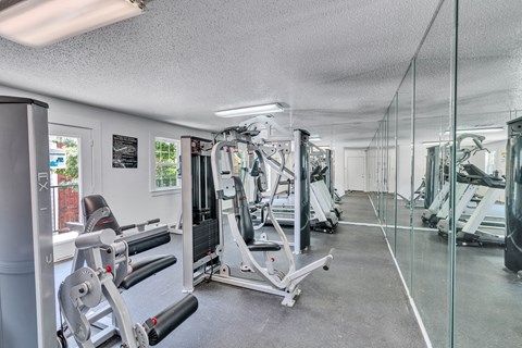 a gym with weights and mirrors on the floor and a glass wall