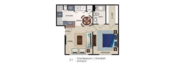 A1 One Bedroom, One Bath Floorplan at Waters at Elm Creek, Texas 78230