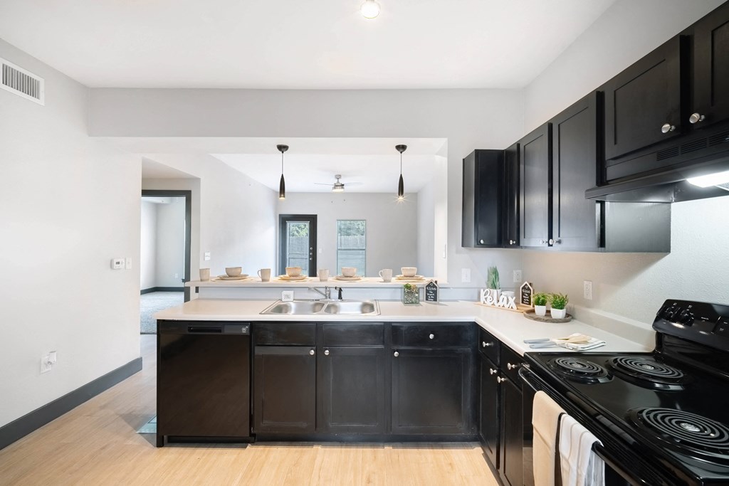a kitchen with black cabinets and a black stove and a sink