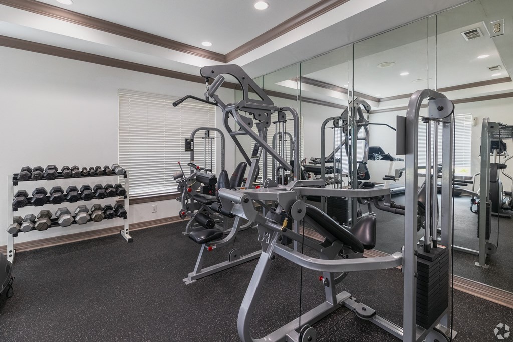 a gym with weights and cardio equipment in a building with glass walls