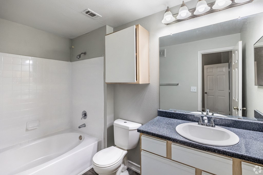 a bathroom with a sink toilet and tub and a mirror