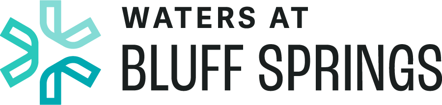 A graphic with the text "Waters at Bluff Springs" in front of a green background.