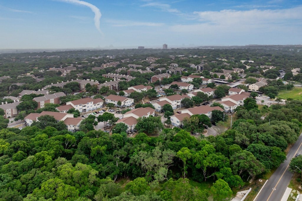 an aerial view of a neighborhood with houses and trees