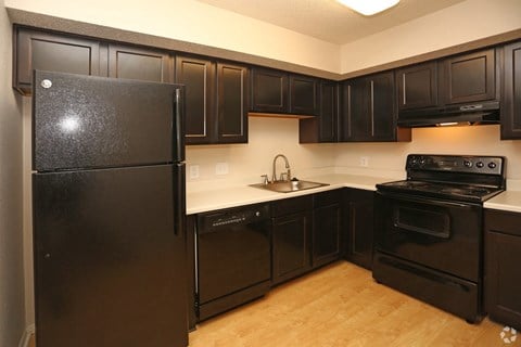 a kitchen with black appliances and black cabinets