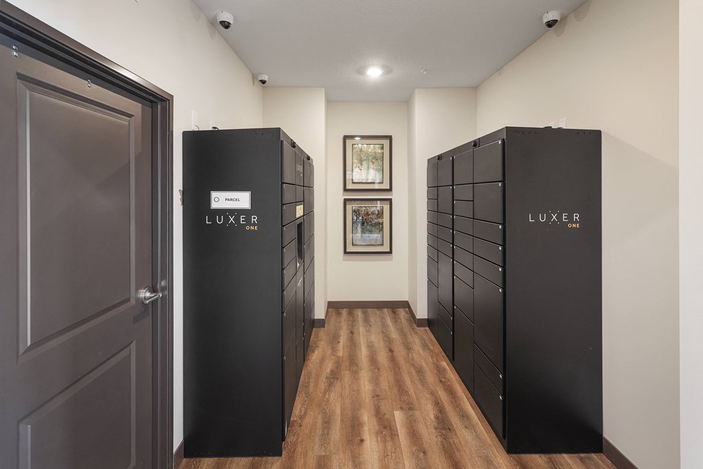 a row of black package lockers in a room with a wood floor