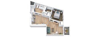 A top down view of a house interior with a kitchen, living room, and bathroom.