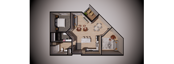 A 3D rendered image of a house layout with a kitchen, living room, and two bedrooms.