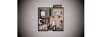 A 3D floor plan of a small apartment with a kitchen, living room, and bathroom.
