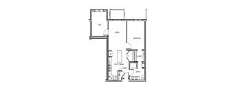 A floor plan of a small apartment with a den, living room, and two closets.