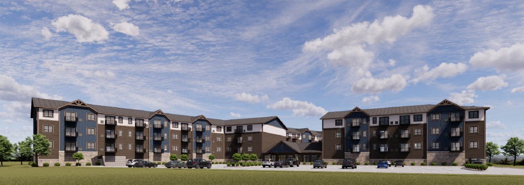 an artist rendering of an apartment building on a city street