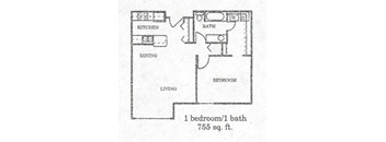 A drawing of a house layout with one bedroom and one bath.
