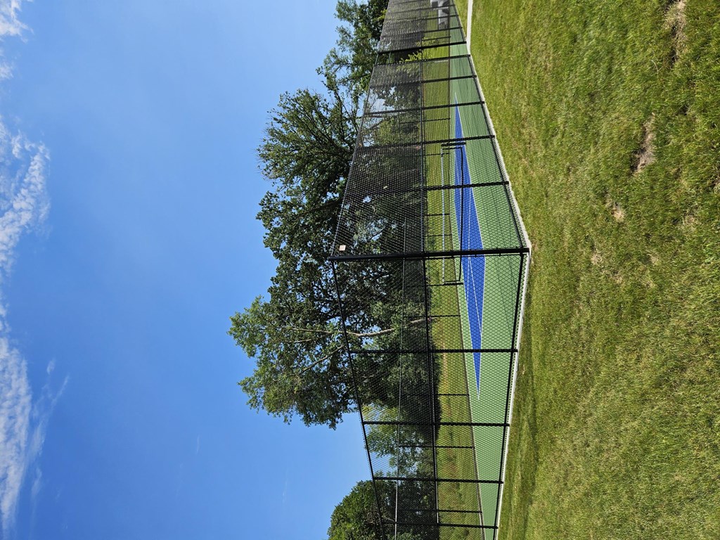 A tennis court is surrounded by a green fence and trees.