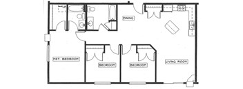 A floor plan of a house with a dining area, three bedrooms, and a living room.