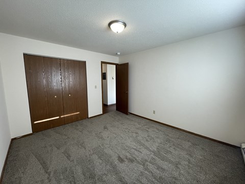 A room with a carpeted floor and two wooden doors.