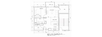 A floor plan of a unit with a living room, dining area, kitchen, bath, and bedroom.
