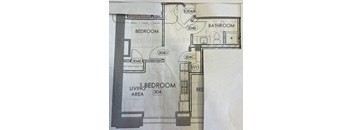 a floor plan for a bathroom and living area with a closet