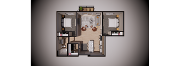 A 3D rendered image of a small apartment layout.