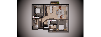 A 3D floor plan of a small apartment with a kitchen, living room, and two bedrooms.