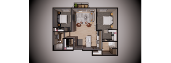A top-down view of a small apartment layout with a kitchen, living room, and bathroom.