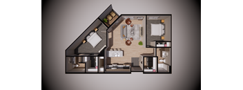 A top-down view of a house layout with a kitchen, living room, and bedrooms.