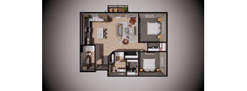 A 3D rendered image of a small apartment layout.