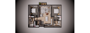 A 3D floor plan of a house with a kitchen, living room, and two bedrooms.