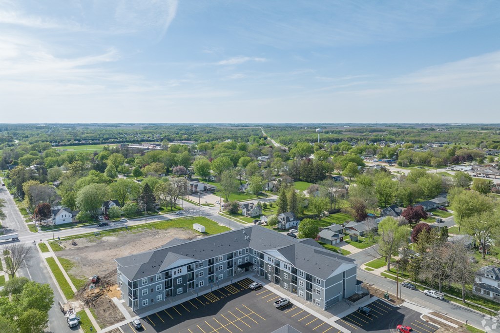an aerial view of a large building in a city