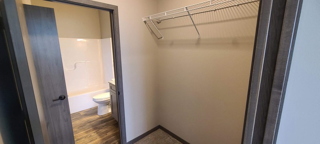 a bathroom with a shower and a toilet and a closet