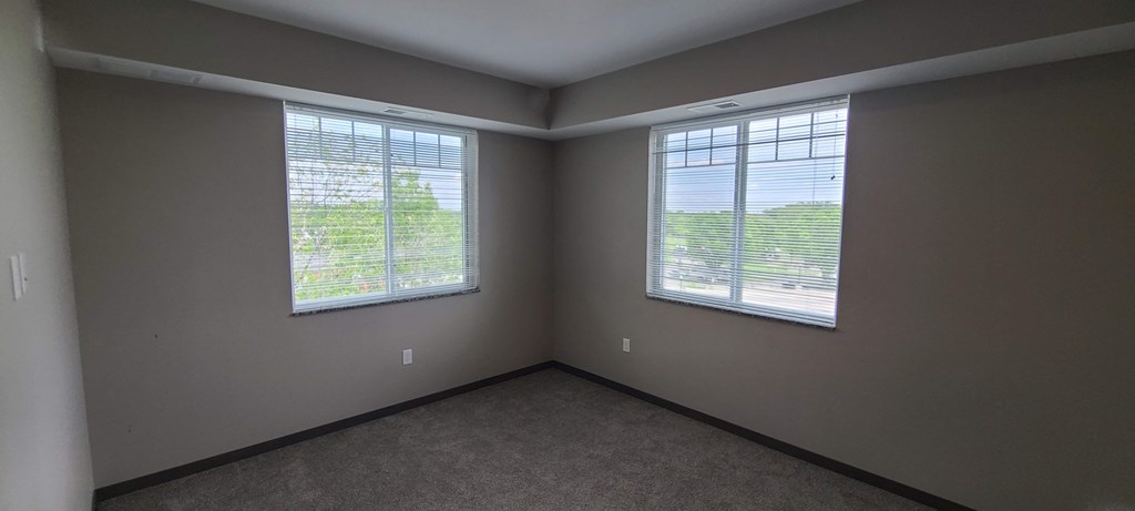 a bedroom with two windows and a carpeted floor