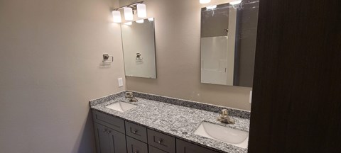 a bathroom with two sinks and a mirror