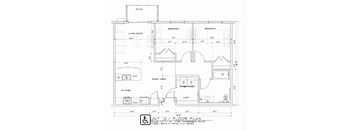 A floor plan of a home with a living room, two bedrooms, a kitchen, a dining area, a laundry room, and a patio.