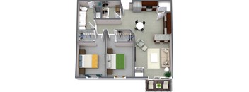 3D floorplan 2BD1BA Unit D