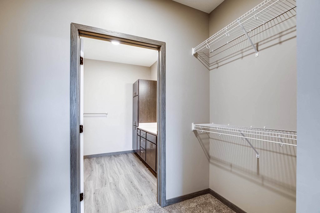 a spacious closet with a mirrored door and a walk in closet