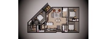 A top-down view of a modern apartment layout with a kitchen, living room, and bedrooms.
