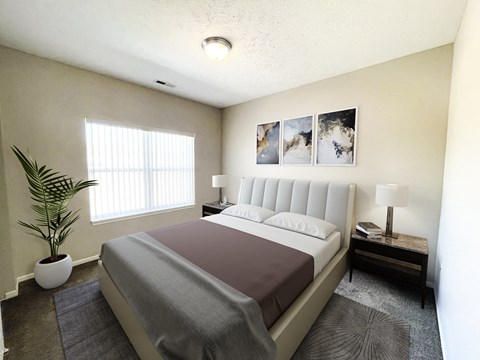 a bedroom with a bed and a plant