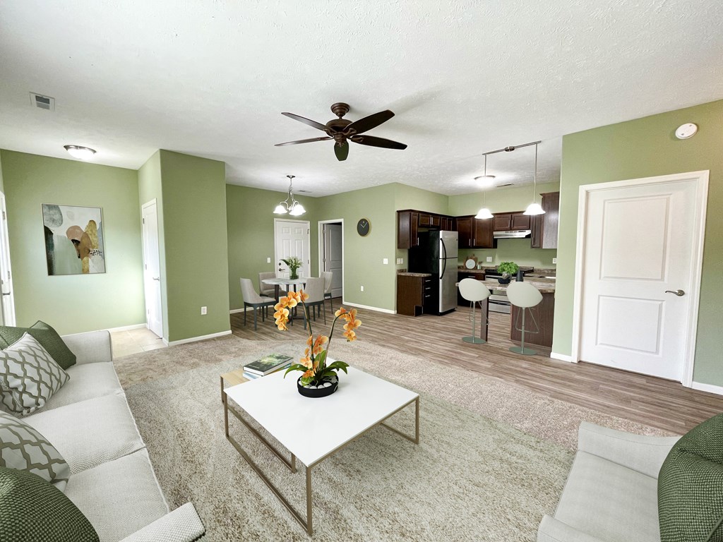 a living room with a couch and a table