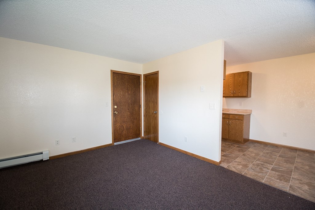A room with a carpeted floor and a wooden door.