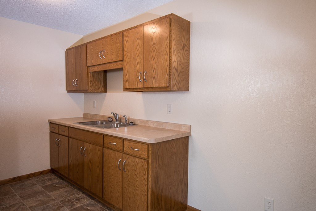 A kitchen with wooden cabinets and a countertop.