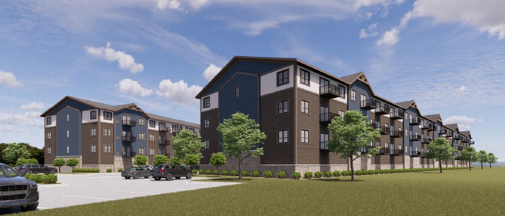 a rendering of an apartment building with cars in a parking lot