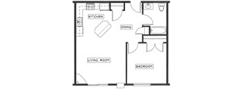 A floor plan of a small apartment with a kitchen, dining area, living room, and bedroom.