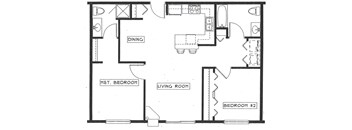 A floor plan of a house with a dining area, two bedrooms, and a living room.