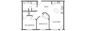 A black and white floor plan of a house with a dining area, two bedrooms, and a living room.